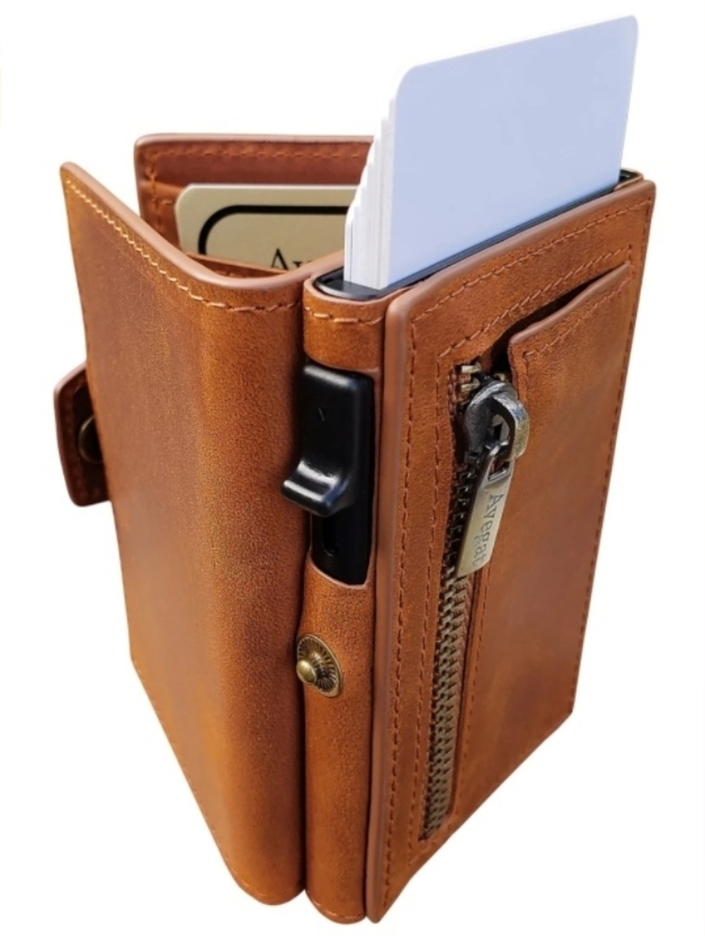 NWT Avegat Leather Wallet Metal Card Holder RFID Protection Tri-Fold Gift Box